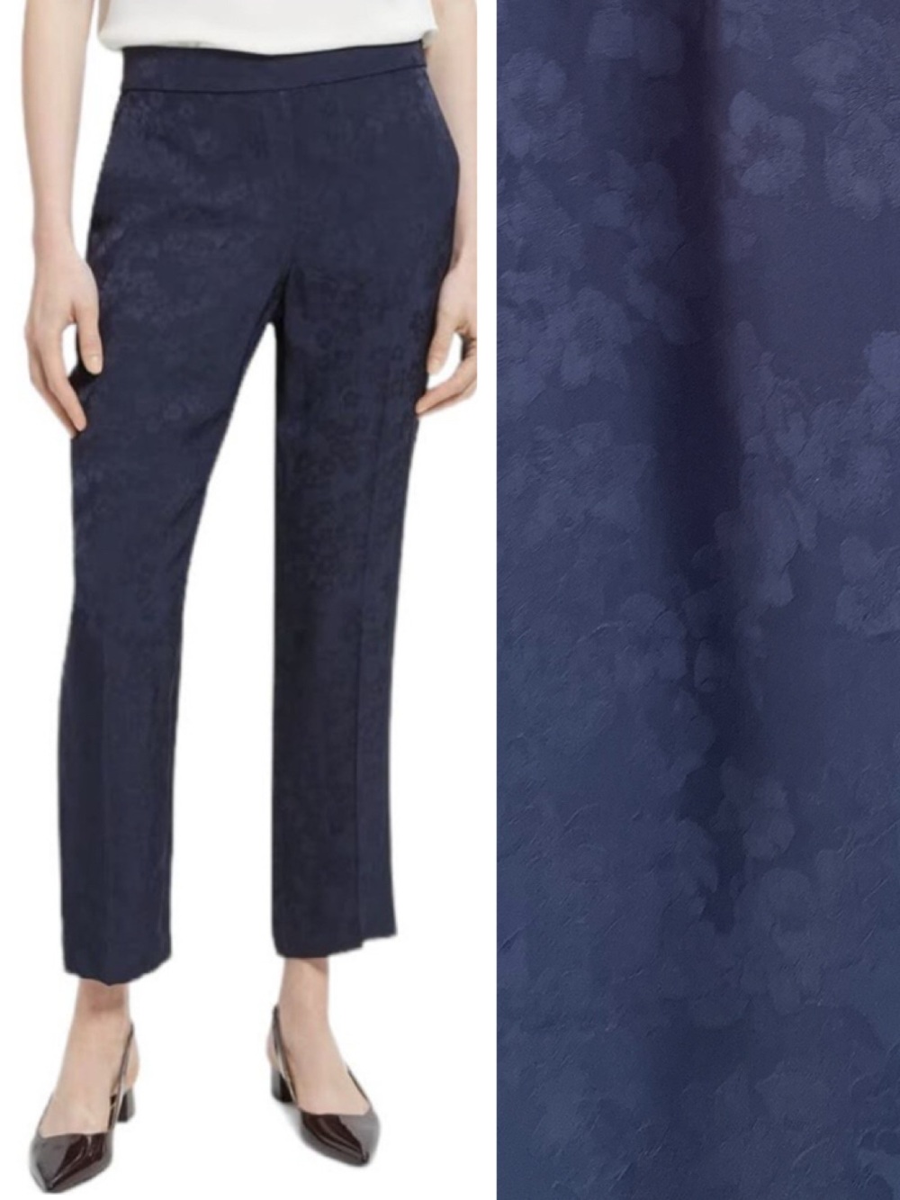 Theory Women’s Navy Blue Floral Satin Pant Straight Leg Quiet Luxury Size 10